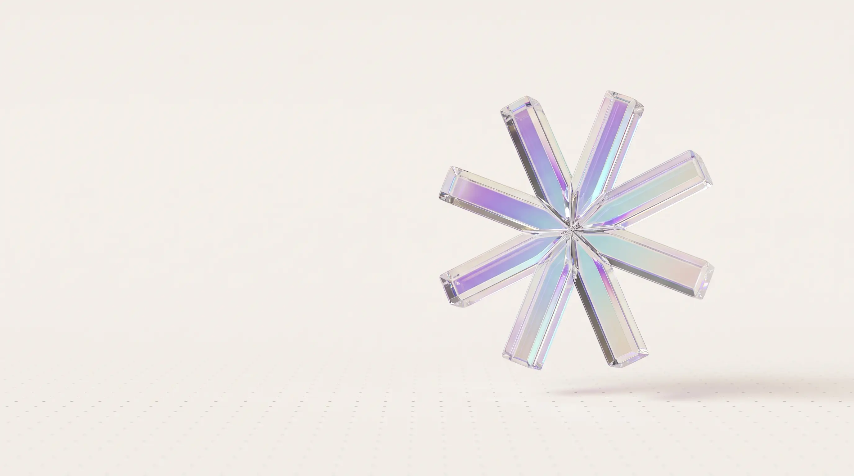 A chromatic glass form refracting violet and cyan light over pale paper